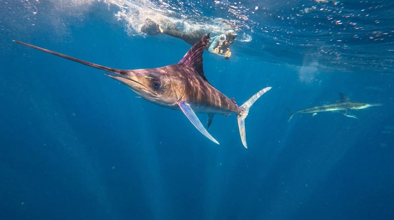 Blue marlin beside a freediver in the clear water off Costa Rica