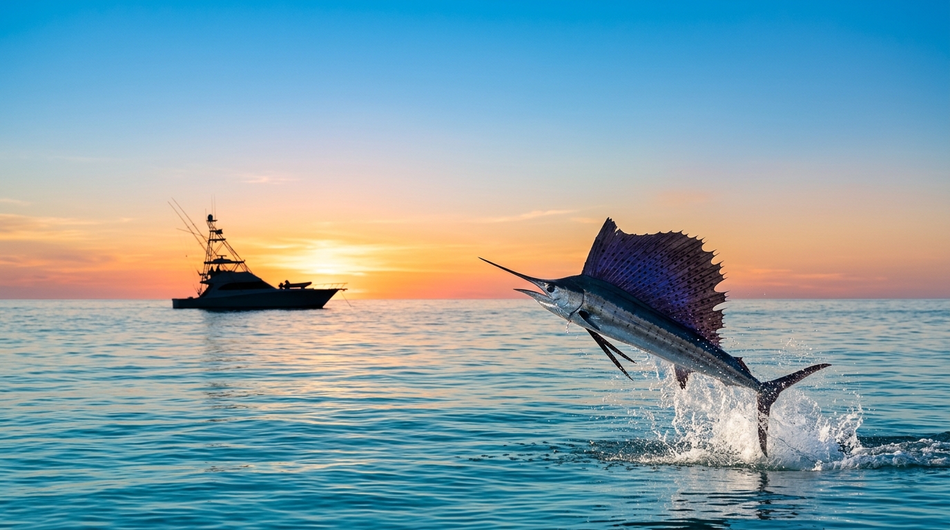 Sailfish leaping at sunset