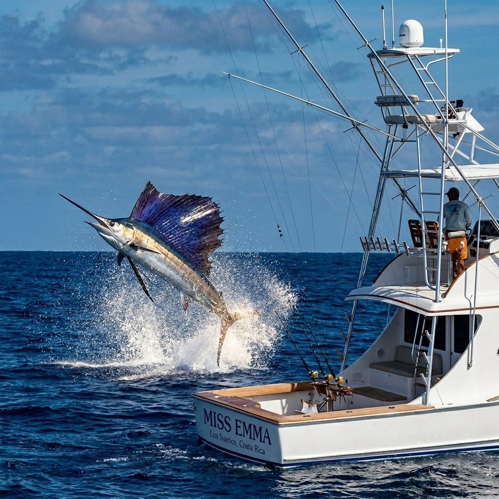 Sailfish leaping beside Miss Emma Sailfish leaping beside Miss Emma