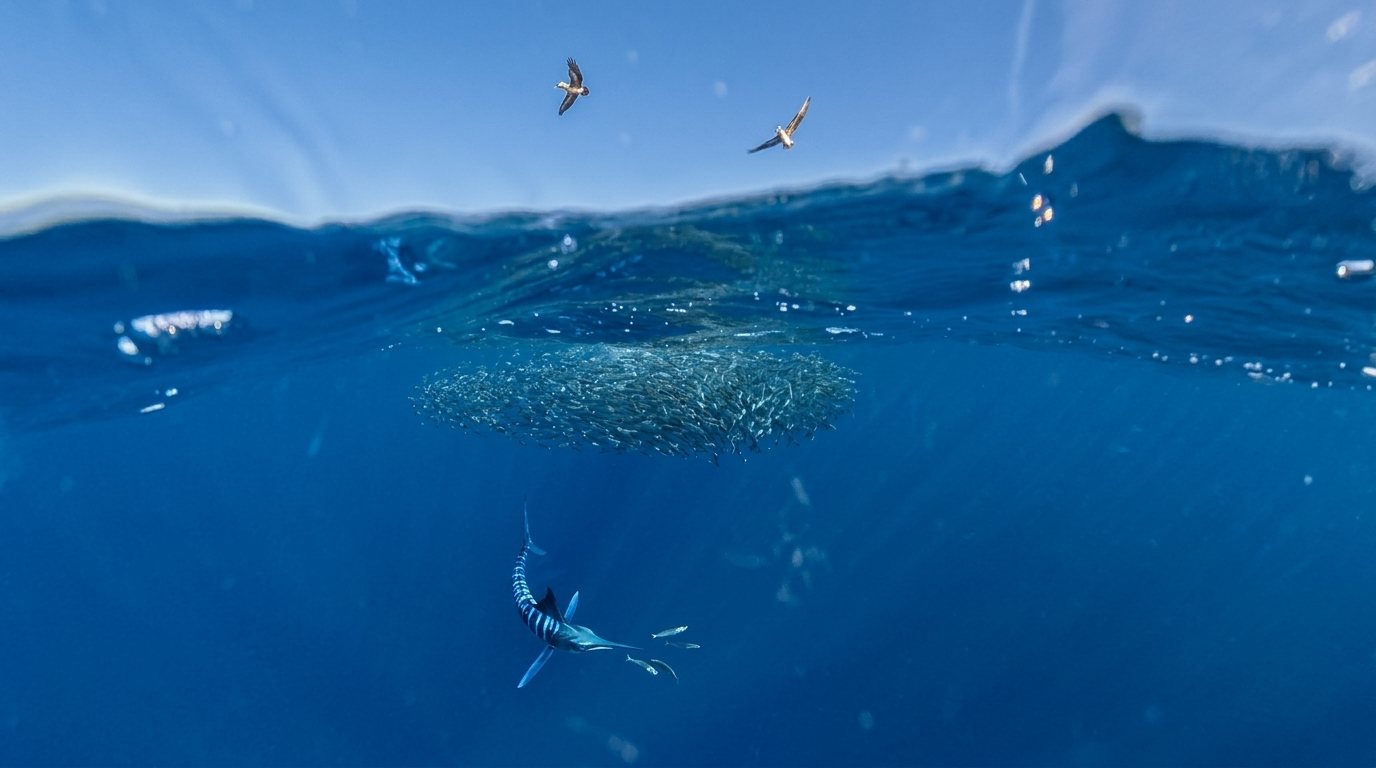 Marlin working a baitball beneath diving seabirds in Costa Rica