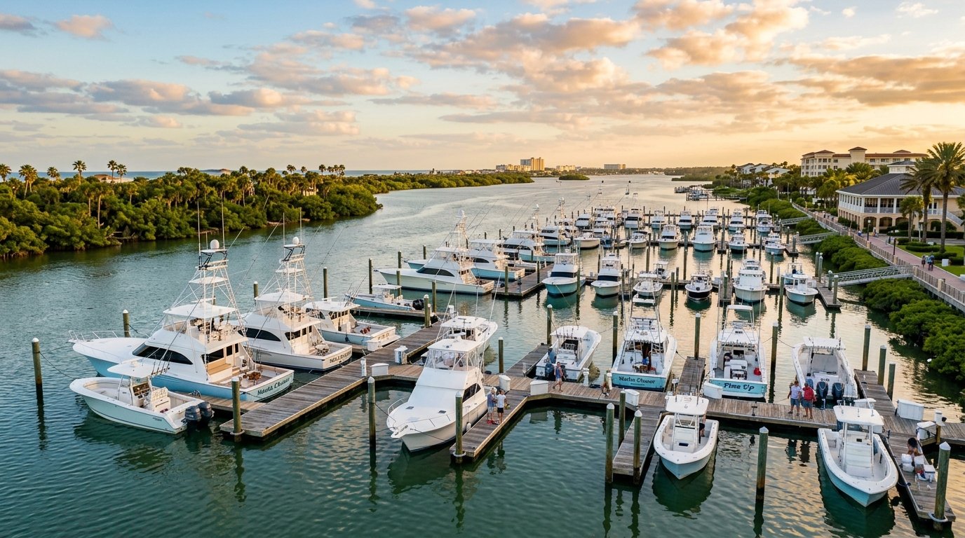 New Smyrna Beach Marina New Smyrna Beach Marina and Resort with sportfishing boats at sunset, Florida