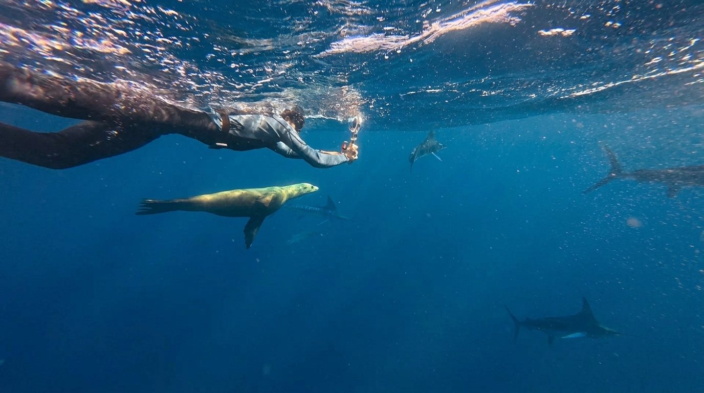 Sea lion and marlins swimming with a freediver in Costa Rica