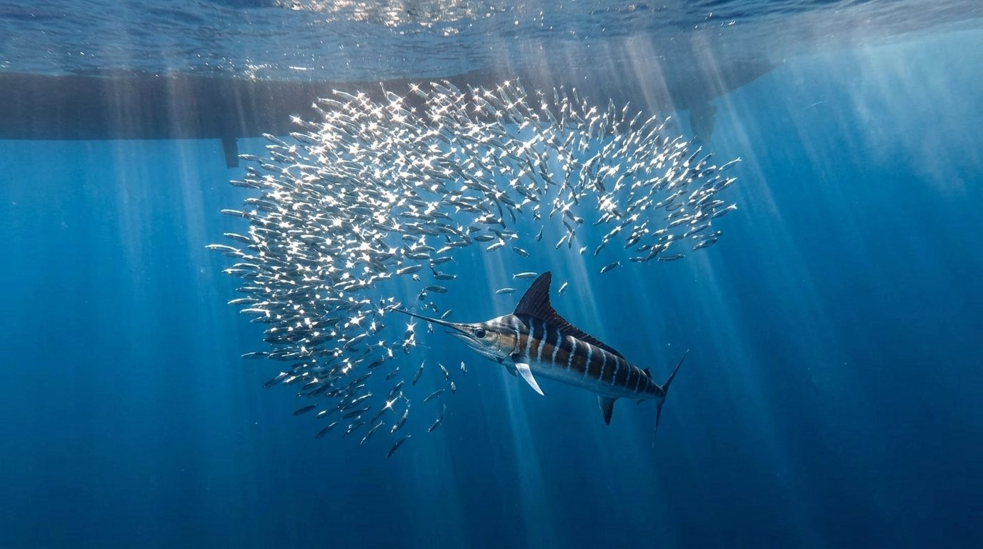 Striped marlin charging a sardine baitball in Costa Rica