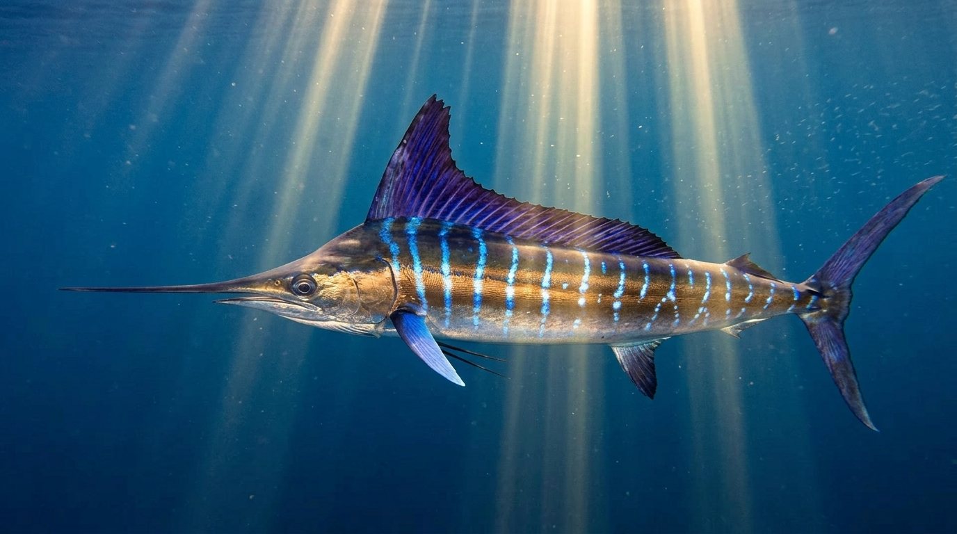 Striped marlin swimming underwater on a Plane to Sea charter in Costa Rica